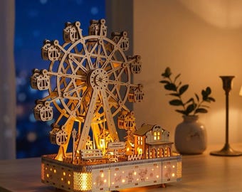 3D Wooden Ferris Wheel Music Box Kit, Mechanical DIY Puzzle Model, Educational Craft Toy with Optional LED Lights for Kids and Adults