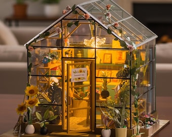 Kit de invernadero miniatura de girasol DIY 1:24 Casa de muñecas de madera con luces LED, modelo de casa de flores, regalo artesanal
