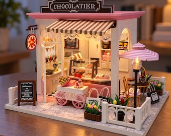 DIY Miniature Chocolate Shop Kit, Dollhouse Coffee Shop Diorama, Tiny Café Model, Creative Craft Gift for Adults