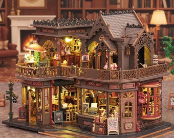 DIY Miniature Bookstore & Coffee House Dollhouse Kit with LED Lights | Wooden 3D Model | Cozy Bookshop Diorama Gift for Book Lovers