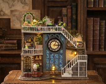 DIY Magic Cottage Book Nook Kit, Fantasy Miniature Bookshelf Insert, Wooden LED Book Corner, DIY Dollhouse Model, Bookshelf Decor Gift