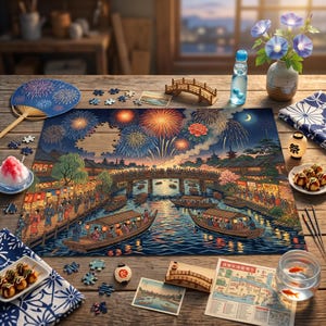 May include: A jigsaw puzzle depicting a night festival scene with fireworks over a river, wooden boats, and traditional buildings. The puzzle is surrounded by loose pieces, a blue fan, a small bridge model, a map, and bowls of food on a wooden table.