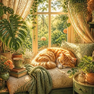 Pode incluir: Um gato malhado laranja dorme num assento de janela almofadado rodeado por plantas em vasos, incluindo uma monstera grande, uma caneca verde sobre livros empilhados, uma lanterna acesa e uma manta de malha verde perto de uma janela com cortinas.
