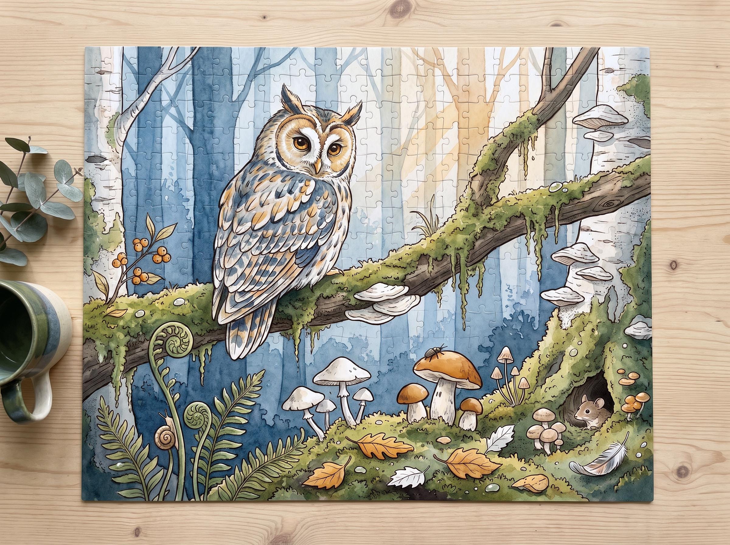 Animal Illustration Puzzle | Owl Perched on a Mossy Branch, New Home Gift for Animal Lovers | 500 Pi