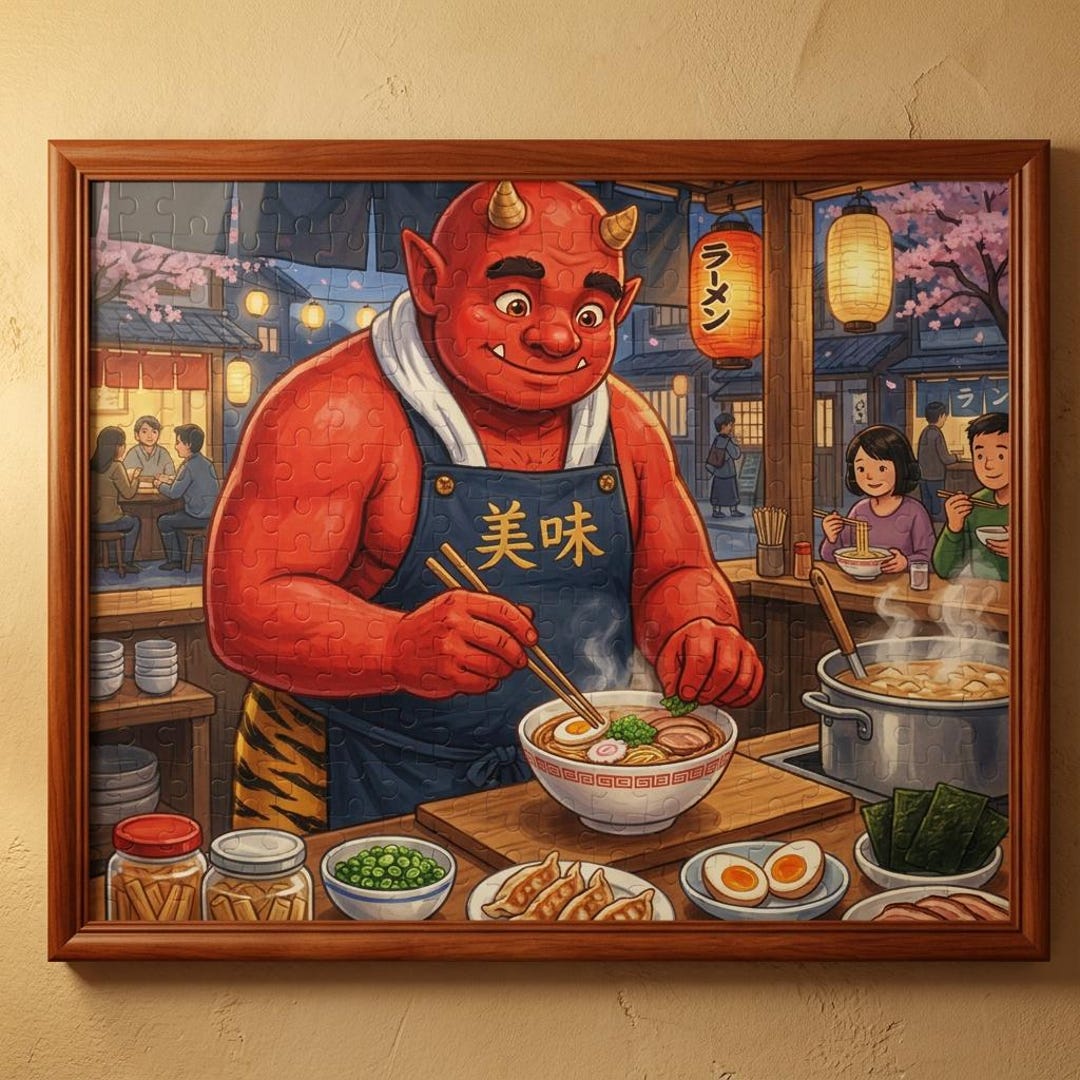 Cute Red Oni Ramen Jigsaw Puzzle 500 or 1000 Pieces – Kawaii Japanese