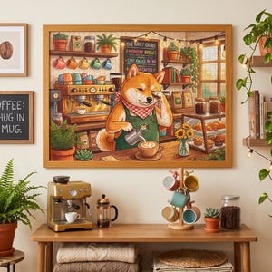 Può includere: Un puzzle incorniciato che raffigura un Shiba Inu barista in una caffetteria, appeso sopra un tavolo in legno con una macchina per espresso dorata, un portatazze e una felce. Una piccola stampa di un chicco di caffè e un cartello con COFFEE: A HUG IN A MUG sono vicini.