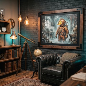 Op de afbeelding: Een ingelijste wandkunstprint met een gele eend in een vintage koperkleurig diepzeeduikpak. Het kunstwerk hangt in een donkere kamer met een zwarte bakstenen muur, een leren fauteuil, een houten boekenplank en een koperen telescoop.