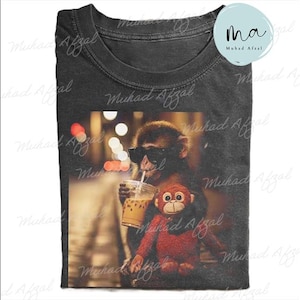 Baby Monkey Punch Drinking Iced Coffee T-shirt, Relatable Chaos Graphic Tee, Cool Monkey Sunglasses Tee, Sarcastic Humor Gift