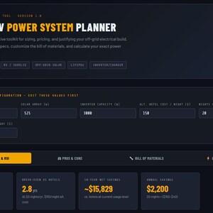 May include: A dark-themed website interface for a "VAN / RV POWER SYSTEM PLANNER" tool. The interface includes input fields for system configuration, along with sections for cost estimates, payback period, and annual savings.