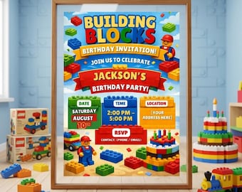 Bausteine Geburtstagseinladung, bearbeitbare Canva Vorlage, Bau-Thema Party einladen, Bausteine Geburtstagsfeier, Kinder Ziegel Einladung