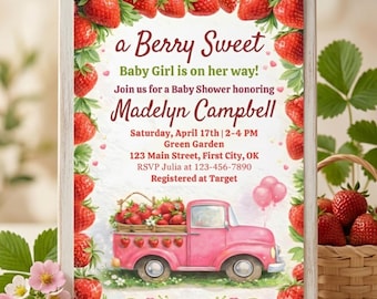 Beere süße Babypartyeinladung, bearbeitbare Erdbeer-Babyparty einladen, rosa Mädchen-Babyparty Canva-Vorlage, sofortiger Download