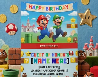 Super Mario Geburtstagseinladung, bearbeitbare Canva-Vorlage, Mario Bros Party einladen, Mario und Luigi Kindergeburtstag einladen, Gaming-Einladung