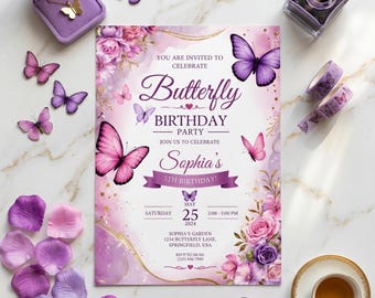 Schmetterling Geburtstagseinladung, bearbeitbare Canva Vorlage, lila rosa Mädchen Party einladen, Blumen Schmetterling Thema, jedes Alter, Sofort Download