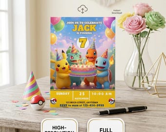 Pokemon Geburtstagseinladung bearbeitbare Canva Vorlage, personalisierte Pokemon Party einladen, Pikachu Kinder Geburtstagskarte,