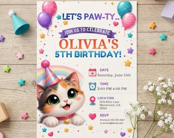 Bearbeitbare Katzen-Geburtstagseinladung, Katzen-Party einladen, bist du Kätzchen ich, süßes Kawaii-Thema, Canva-Vorlage, sofortiger Download