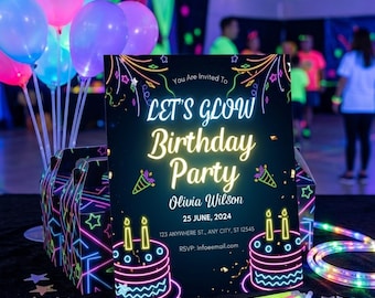 Glow-Geburtstags-Einladung, Neon Glow Party einladen Vorlage, Glow in the Dark Geburtstag einladen, Tween Teen Tanzparty-Einladung