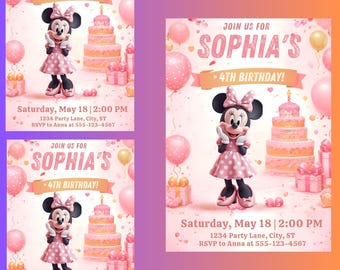 Minnie Maus Geburtstagseinladungen - Rosa und Gold Party einladen, druckbare Digitale Datei, Mädchen-Geburtstagsfeier, Baby Dusche, Polka Dot Design