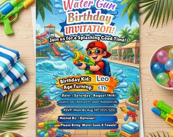 Wasserwerfer Geburtstagseinladung, bearbeitbare Splash Party einladen, Kinder Wasserkampf Party Einladung Vorlage, druckbare Karte Pool Party