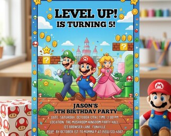 Mario und Prinzessin Peach Geburtstagseinladung, Super Mario Bros Party einladen, Kinder Doppel-Geburtstag einladen, Digital Download