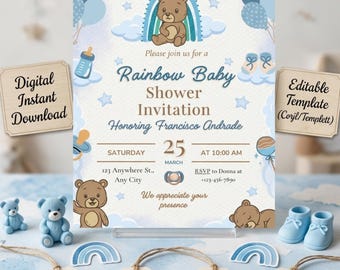 Regenbogen-Babyparty-Einladung, bearbeitbare Boho Regenbogen-Babyparty-Einladung, Geschlechtsneutrale Babypartyvorlage, druckbarer Pastellregenbogen