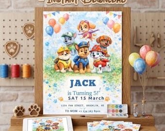 Aquarell Welpen Geburtstagseinladung Vorlage, bearbeitbare Canva Hund Party einladen, Welpen-Geburtstags-Party Einladung, sofortiger Download Digital