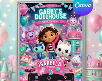 Bearbeitbare Gabbys Dollhouse Geburtstagseinladung, Gabby Kids Party einladen, druckbare Mädchen Geburtstagskarte, Canva Vorlage, digitaler Download