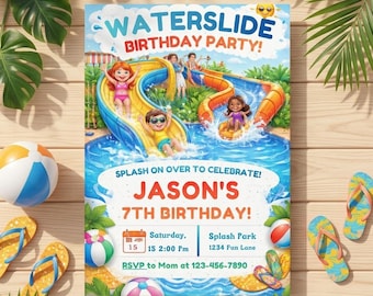 Waterslide-Geburtstagseinladung, bearbeitbare Pool-Party-Einladungsvorlage, Sommer-Geburtstagsfeier-Einladung, Kinder-Wasserrutsche-Party (digital)