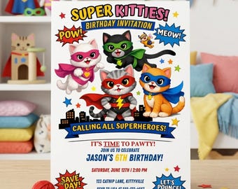 Szablon zaproszenia urodzinowego Super Kitties do edycji na Canva, urocze zaproszenie na przyjęcie z kotkiem dla dziewczynek, kartka urodzinowa dla dzieci, wersja cyfrowa do pobrania