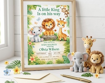 Löwenkönig Babypartyeinladung, kleiner König Safari-Dschungel einladen, Simba-Thema Babyparty, bearbeitbare Vorlage, Sofort-Download