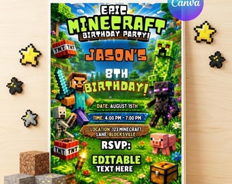 Bearbeitbare Minecraft-Geburtstagseinladung, Pixel-Gamer-Party einladen, druckbare Kinder-Geburtstagskarte, Block-Thema digitale Einladung, sofortiger Download