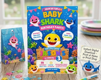 Baby Shark Birthday Invitation, Editable Under the Sea Shark Party Invite, Kids Ocean Birthday Canva Template, Printable Digital Download