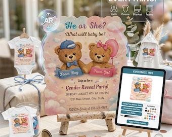 Teddy Bär Geschlecht offenbaren Einladung, er oder sie rosa blau Bär Thema einladen , süße Baby-Dusche Geschlecht offenbaren Party Einladung