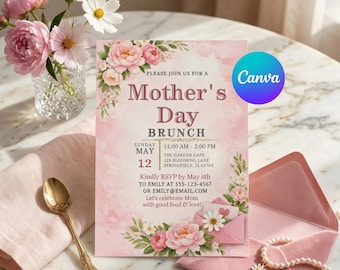Muttertags-Brunch-Einladungsvorlage, bearbeitbare Blumen-Canva-Einladung, Mütter und Mimosen-Party, bedruckbare 5 x 7, sofortiger Download