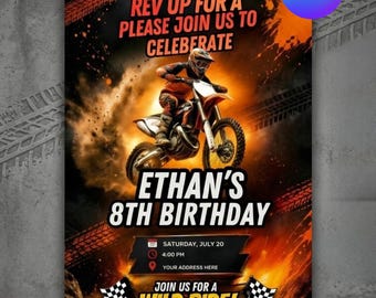 Dirt Bike Geburtstagseinladung, bearbeitbare Motocross Party einladen, Jungen Motorrad Geburtstag einladen, Rennrad Thema, Canva Sofort-Download