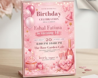 Rosa ästhetische Geburtstagseinladung, bearbeitbare Canva-Vorlage, Teen Girl Party einladen, jedes Alter, zweistelliger Geburtstag, digitale Download-Datei