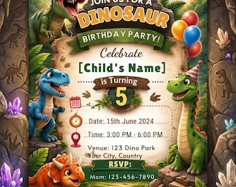 Dinosaurier-Geburtstagseinladungsvorlage, bearbeitbare Dino-Partyeinladung, T-Rex Jurassic Geburtstags-Canva-Vorlage, Kinder 1.2.3. Geburtstag einladen