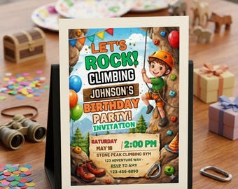 Rock Klettern Geburtstagseinladung, Abenteuer Party einladen Vorlage, bearbeitbarer digitaler Download, druckbare Kinder Kletterparty, Berg Thema