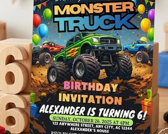 Monster Truck Geburtstagseinladung bearbeitbare Canva-Vorlage, Racing Party einladen für Geburtstagskind, Telefon einladen & sofortiger digitaler Download