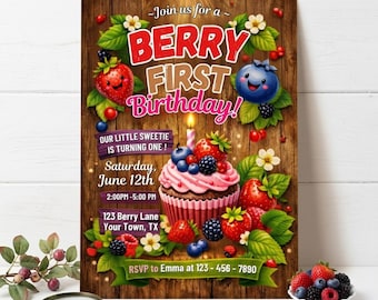 Zaproszenie na pierwsze urodziny z jagodami, edytowalne zaproszenie na pierwsze urodziny z truskawkami, szablon Canva na słodkie przyjęcie z jagodami, drukowane zaproszenie ze zdjęciem