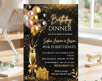 Elegante Schwarz-Gold-Geburtstagsessen-Einladungsvorlage, bearbeitbare Canva-Einladung, Luxus-Black-Tie-Party-Evite, Glam-Geburtstagskarte