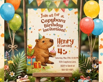 Capybara Geburtstagseinladung bearbeitbare Canva-Vorlage, niedliches Tier-Kinderparty einladen, druckbare Geburtstagsfeiereinladung