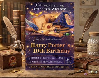 Zauberer Hexen Geburtstagseinladung, Magische Schule Zauberei Party einladen, Bearbeitbare Canva Vorlage, Schloss Magie Geburtstagseinladung, Digital