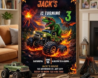 Dinosaurier-Monster-Truck-Geburtstagseinladung, bearbeitbare Dino-Truck-Party einladen, T-Rex-Kindergeburtstagsvorlage, Canva druckbarer digitaler Download