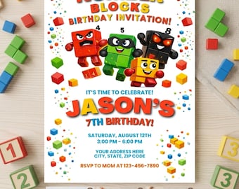 Zaproszenie urodzinowe z blokami liczbowymi, edytowalny szablon Canva, drukowane zaproszenie na przyjęcie dla dzieci, zaproszenie urodzinowe dla chłopców i dziewcząt, pobieranie cyfrowe