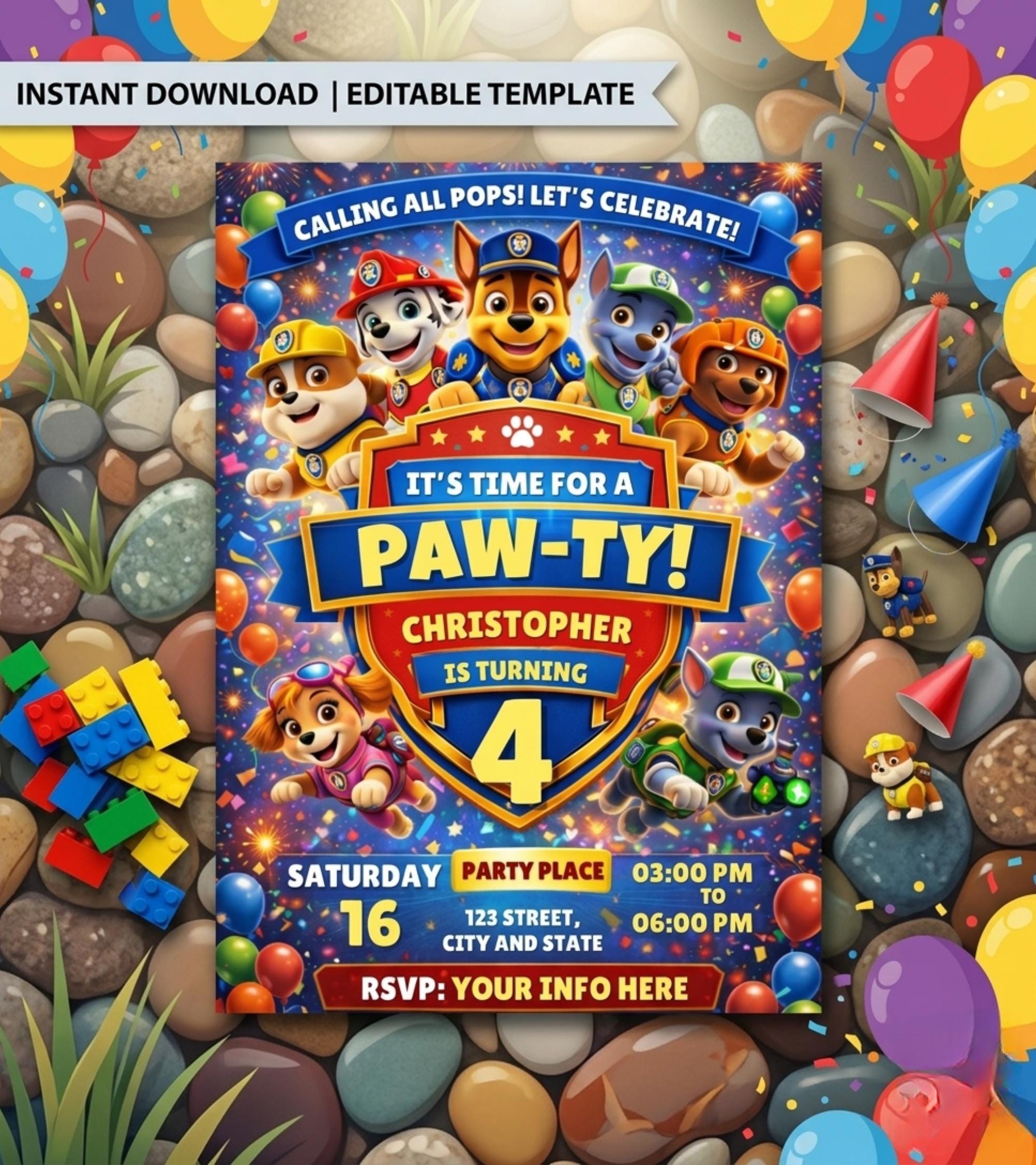 Editable Paw-ty Birthday Invitation Template, Puppy Party Invite, Dog ...
