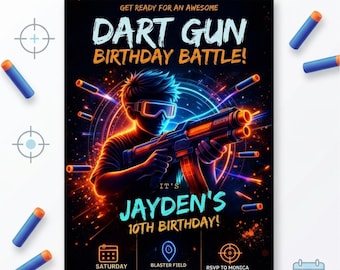 Zaproszenie urodzinowe z motywem pistoletu do rzutek, edytowalny szablon Canva, zaproszenie na imprezę z walkami blasterowymi dla chłopców, kartka urodzinowa z motywem Nerf, natychmiastowe pobranie