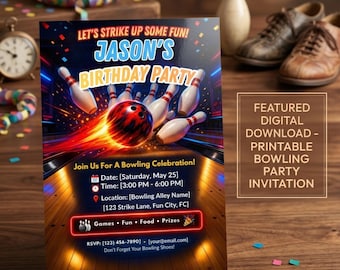 Bowling-Geburtstagseinladung, bearbeitbare Canva-Vorlage, Neon Glow Bowling-Party einladen, Kinder-Geburtstags-Party-Einladung, schlagen Sie etwas Spaß zu
