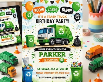 Zaproszenie na urodziny z motywem śmieciarki, zaproszenie na urodziny z motywem śmieciarki, impreza dla dzieci z motywem śmieciarki, motyw recyklingu, natychmiastowe pobranie