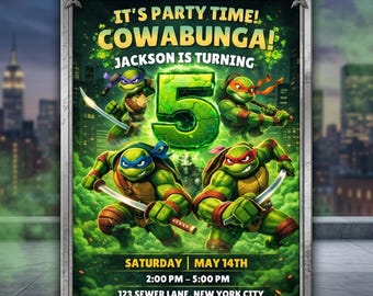 Ninja Turtles Geburtstagseinladung, bearbeitbare Canva Vorlage, TMNT Party einladen, Cowabunga Pizza Thema, Kinder Jungen Geburtstag, digitaler Download