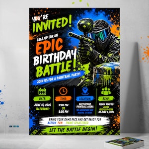 Può includere: Un invito per una festa di compleanno di paintball nero e blu con il testo "You're Invited!" e "Epic Birthday Battle!". È presente un giocatore di paintball. Include data, ora, luogo e informazioni RSVP.